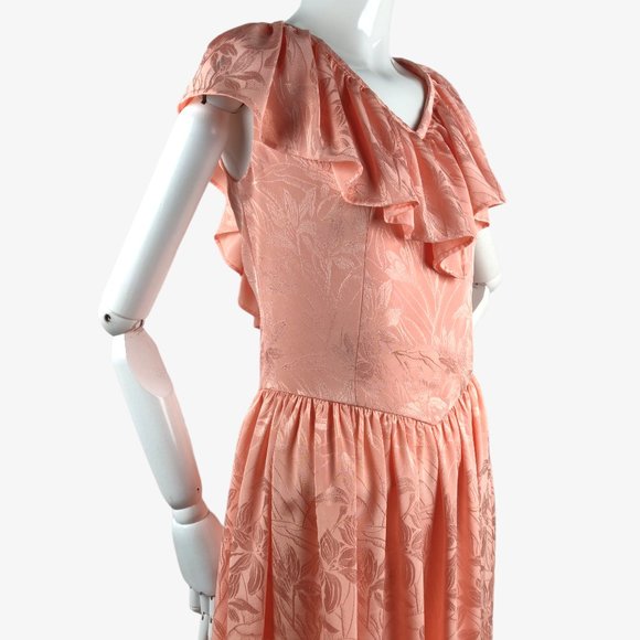 Vintage 1980s Shell Pink Tea Dress Floral Damask Ruffle Neckline Open Tie Back M - Picture 8 of 16